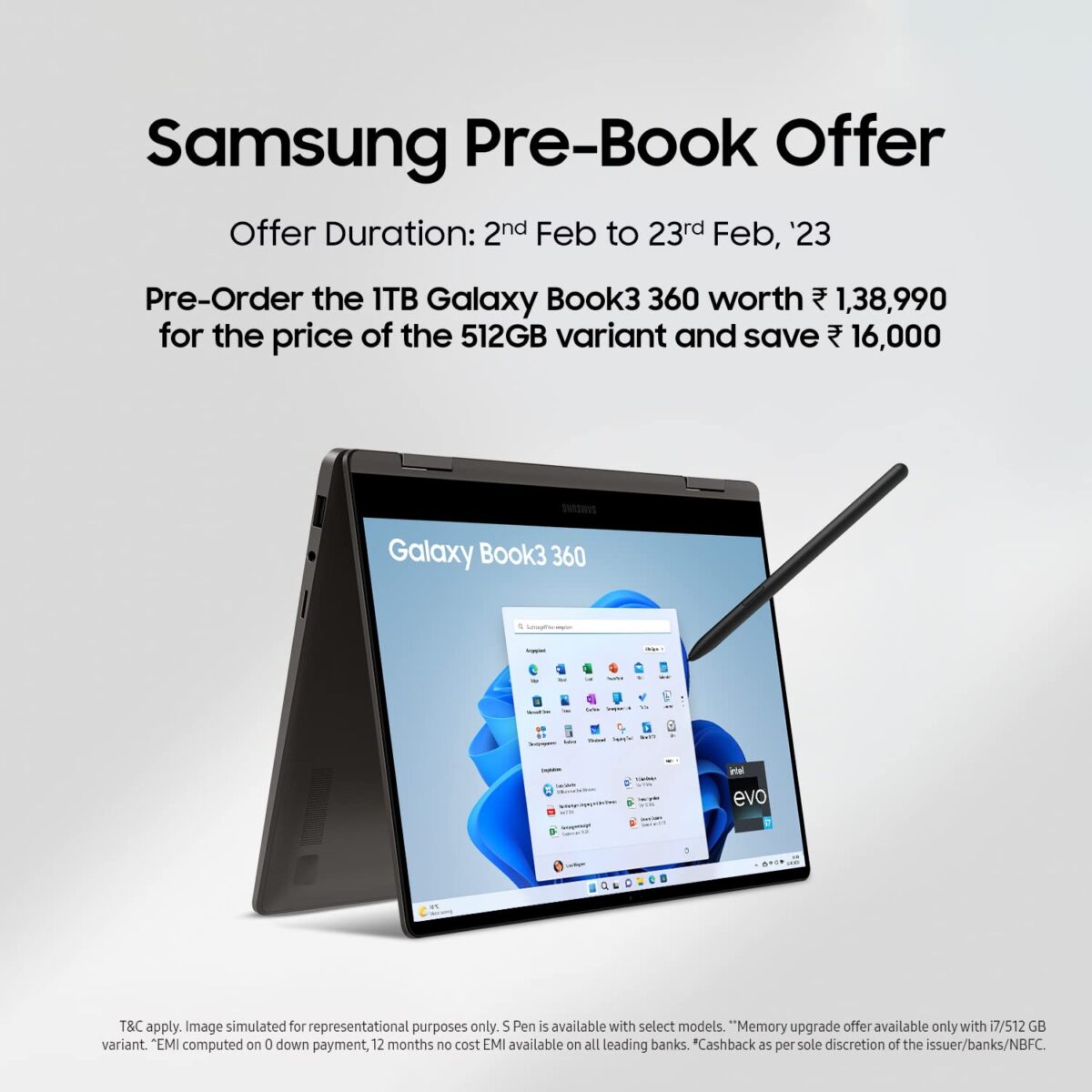 Samsung Galaxy Book 3 360 NP750QFG-KA3IN Pre-order Offer on Amazon India ( Core i7-1360P / 16GB ram / 1TB SSD )