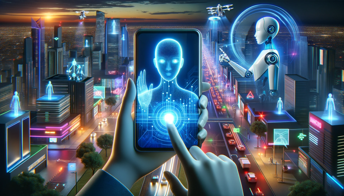 DALL·E 2024 01 16 10.24.16 The image depicts a futuristic concept of AI transforming smartphones. In the foreground a sleek modern smartphone displaying a holographic AI assis