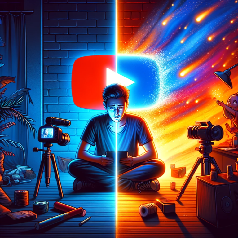 Why YouTubers Quit and How to Keep the Passion Alive [ MKBHD Video ] - dall%c2%b7e 2024 01 20 01 23 47 a visually captivating and symbolic feature image for a blog titled why youtubers quit and how to keep the passion alive the image shows a split sc