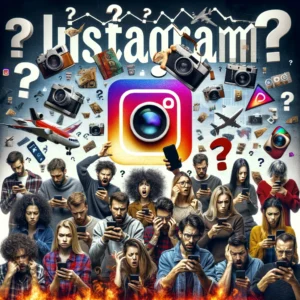 A collage of diverse photographers expressing frustration while using their smartphones and cameras, surrounded by Instagram logos and question marks,
