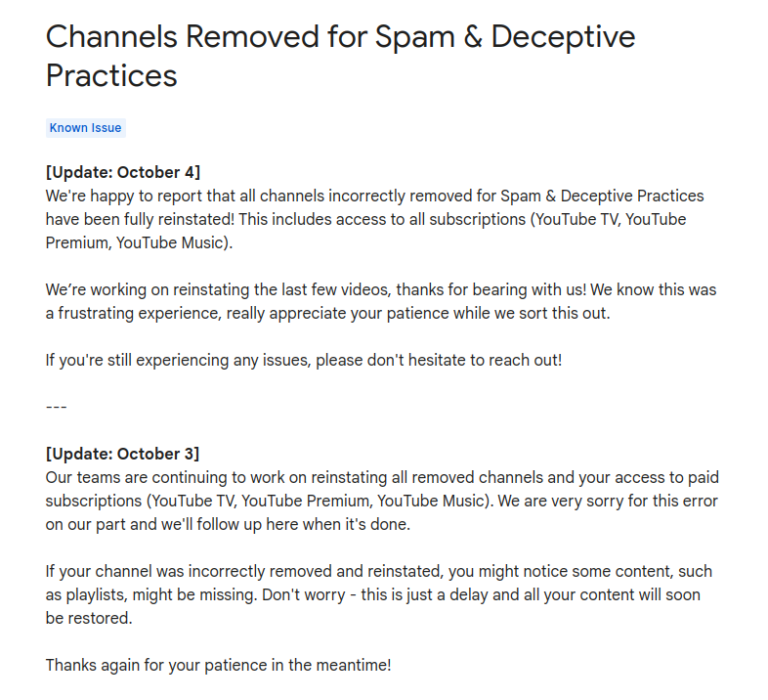YouTube Acknowledges Channels Removed Incorrectly for Spam & Deceptive Practices: Issue Resolved - screenshot from 2024 10 05 14 25 33