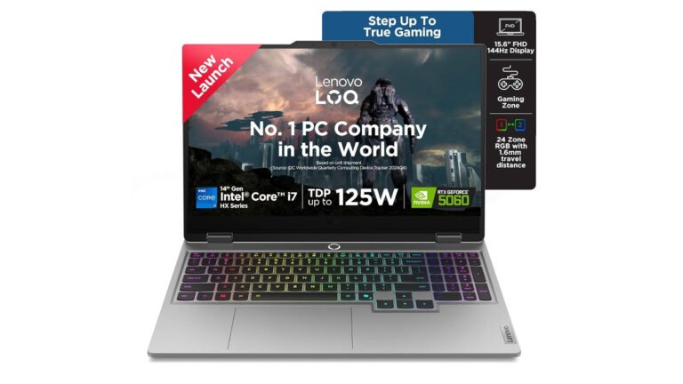 Lenovo LOQ 2025 15IRX10 83JE00T3IN AI gaming laptop in Luna Grey with 15.6-inch FHD 144Hz display, Intel Core i7-14700HX, NVIDIA RTX 5060 8GB GDDR7, 32GB DDR5, 1TB SSD, Windows 11 Home – available on Amazon India at Rs 1,67,990