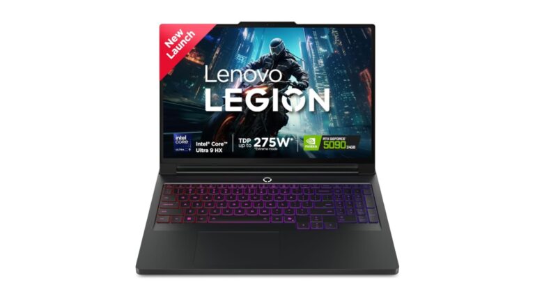 Lenovo Legion Pro 7 2025 16IAX10H 83F500D8IN AI gaming laptop in Eclipse Black with 16-inch WQXGA OLED 240Hz display, Intel Core Ultra 9 275HX, NVIDIA RTX 5090 24GB, 64GB DDR5, 1TB SSD, Windows 11 Home – available on Amazon India at Rs 4,72,490