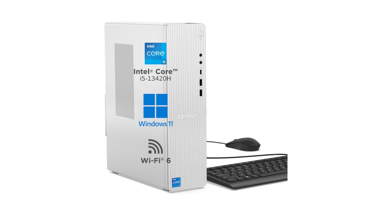 Lenovo IdeaCentre Tower 90XW0083IN desktop PC in Cloud Grey with Intel Core i5-13420H, 32GB DDR5 RAM, 512GB NVMe SSD, Wi-Fi 6, Windows 11 Home, and USB Calliope keyboard & mouse – available on Amazon India at Rs 75,990