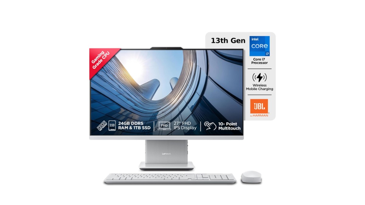 Lenovo IdeaCentre AIO 27 F0HM00W2IN all-in-one desktop in Cloud Grey with 27-inch FHD IPS touchscreen, Intel Core i7-13620H, 24GB DDR5, 1TB NVMe SSD, wireless charging stand, and wireless EOS keyboard & mouse – available on Amazon India at Rs 1,26,990