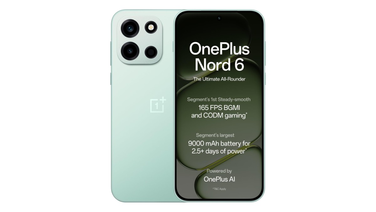 OnePlus Nord 6 smartphone in Fresh Mint with 6.78-inch 1.5K 165Hz Sunburst AMOLED display, Snapdragon 8s Gen 4, 50MP Sony LYTIA-600 camera, 9000 mAh battery – available on Amazon India starting at Rs 38,999