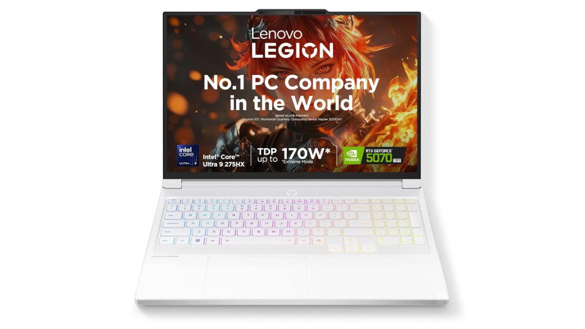 Lenovo Legion 7 16IAX10 83KY001GIN AI gaming laptop in Glacier White with 16-inch WQXGA OLED 240Hz display, Intel Core Ultra 9 275HX, NVIDIA RTX 5070 8GB GDDR7, 32GB DDR5, 1TB SSD, Windows 11 Home – available on Amazon India at Rs 2,63,490