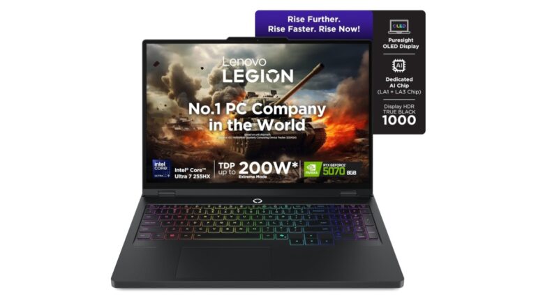 Lenovo Legion Pro 5 16IAX10 83F3009BIN AI gaming laptop in Eclipse Black with 16-inch WQXGA OLED 165Hz display, Intel Core Ultra 7 255HX, NVIDIA RTX 5070 8GB GDDR7, 32GB DDR5, 1TB SSD – available on Amazon India at Rs 2,37,490