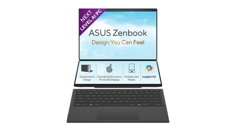 ASUS Zenbook Duo 2026 UX8407AA-SN183WS dual-screen Copilot+ PC in Moher Gray with 14-inch 3K OLED touchscreen 144Hz, Intel Core Ultra 7 355, 32GB LPDDR5X, 1TB SSD, ASUS Pen SA205H stylus included, 99Wh battery – pre-order on Amazon India at Rs 2,99,990