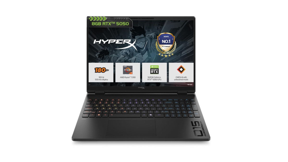 HP HyperX OMEN 15 15-gb0038AX gaming laptop in Shadow Black with 15.3-inch 2.5K 180Hz IPS display, AMD Ryzen 7 260, NVIDIA RTX 5050 8GB GDDR7, 24GB DDR5, 1TB SSD, HyperX RGB backlit keyboard – available on Amazon India at Rs 1,49,990