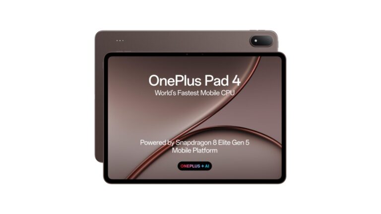 OnePlus Pad 4 OPD2514 tablet in Dune Glow with 13.2-inch 3.4K 144Hz LCD display, Snapdragon 8 Elite Gen 5, 8GB LPDDR5X RAM, 256GB UFS 4.1 storage, 13380 mAh battery and 80W SUPERVOOC charging – available on Amazon India at Rs 59,999