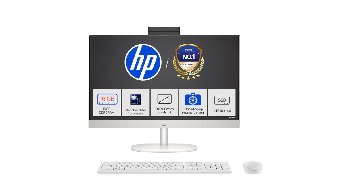 HP All-in-One 27-cr1418in BE1N0PA desktop in Shell White with 27-inch FHD touchscreen IPS display, Intel Core Ultra 7 155U, 16GB DDR5 RAM, 1TB SSD, Windows 11 Home – available on Amazon India at Rs 1,40,899