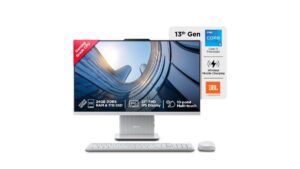 Lenovo IdeaCentre AIO 27IRH9 F0HM00W3IN compact desktop PC in Cloud Grey with 27-inch FHD IPS touchscreen, Intel Core i5-13420H, 24GB RAM, 1TB SSD, and built-in wireless charger – available on Amazon India at Rs 1,02,990