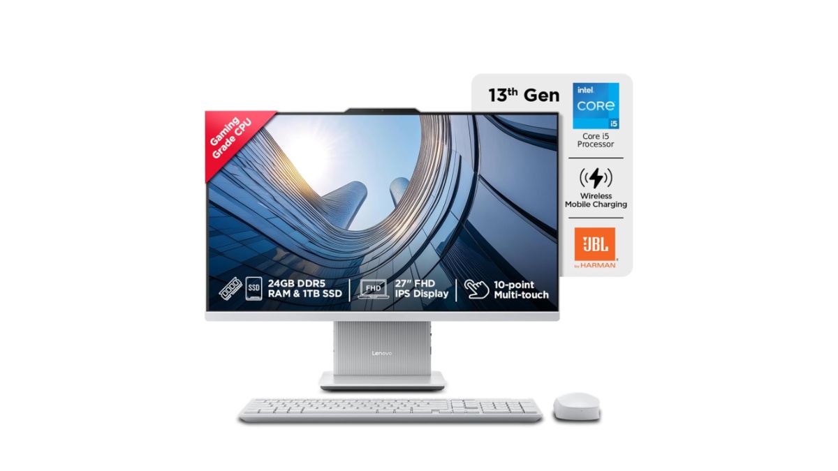 Lenovo IdeaCentre AIO 27IRH9 F0HM00W3IN compact desktop PC in Cloud Grey with 27-inch FHD IPS touchscreen, Intel Core i5-13420H, 24GB RAM, 1TB SSD, and built-in wireless charger – available on Amazon India at Rs 1,02,990
