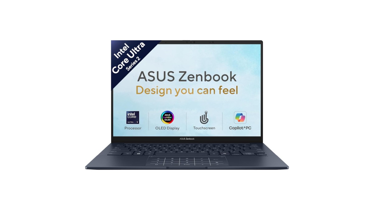 ASUS Zenbook 14 UX3405CA-QL1016WS laptop in Ponder Blue with 14-inch WUXGA OLED touchscreen, Intel Core Ultra 9 285H processor, 13 TOPS AI Boost NPU, 32GB LPDDR5X RAM, 1TB PCIe 4.0 NVMe SSD, Wi-Fi 7, dual Thunderbolt 4 and aluminium chassis – available on Amazon India at Rs 1,19,990