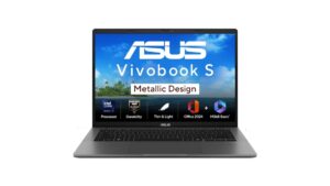 ASUS Vivobook S14 S3407CA-LY083WS metallic laptop in Matte Gray with 14-inch WUXGA anti-glare display, Intel Core Ultra 7 255H processor, 13 TOPS AI Boost NPU, 16GB DDR5 RAM expandable to 32GB, 512GB PCIe 4.0 NVMe SSD, dual USB-C with DP/PD, backlit keyboard with Copilot key – available on Amazon India at Rs 82,990