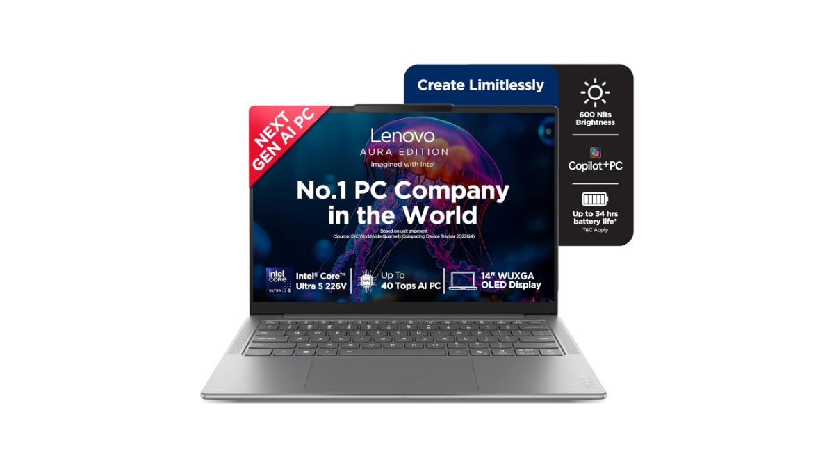 Lenovo Yoga Slim 7 Aura Edition 14ILL10 83JX00CSIN laptop in Luna Grey with a 14-inch WUXGA OLED display and Intel Core Ultra 5 226V processor – available on Amazon India at Rs 1,22,990