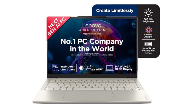Lenovo Yoga Slim 7 Aura Edition 14ILL10 83JX00EXIN laptop in Seashell with a 14-inch WUXGA OLED display and Intel Core Ultra 7 256V processor – available on Amazon India at Rs 1,32,990