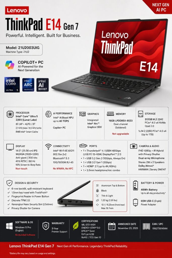 Lenovo ThinkPad E14 Gen 7 21U2003UIG Technical / Full Specifications