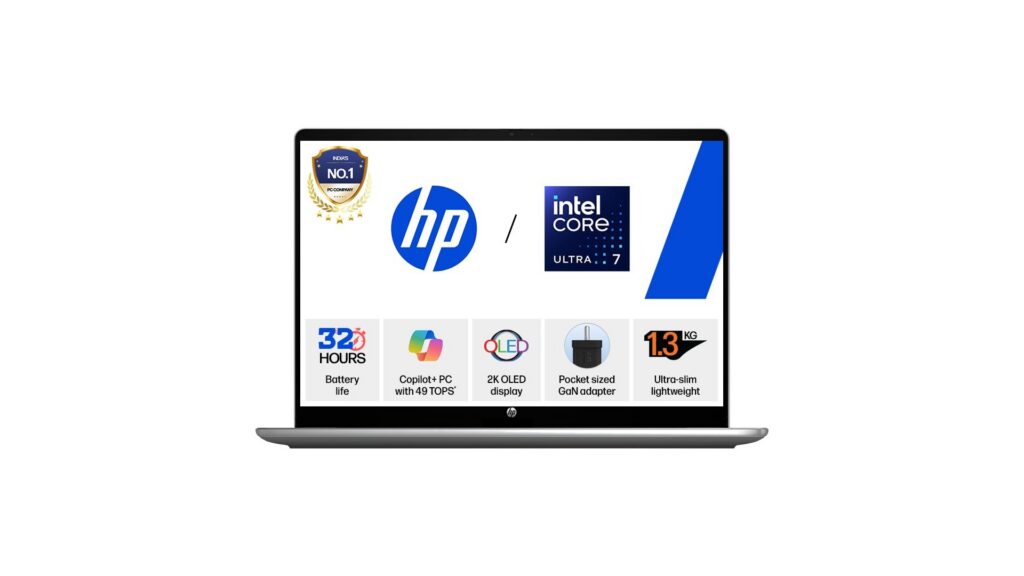 HP OmniBook 5 OLED 14-hh0030TU laptop in Meteor Silver with 14-inch 2K OLED display and Intel Core Ultra 7 355 Copilot+ PC – available on Amazon India