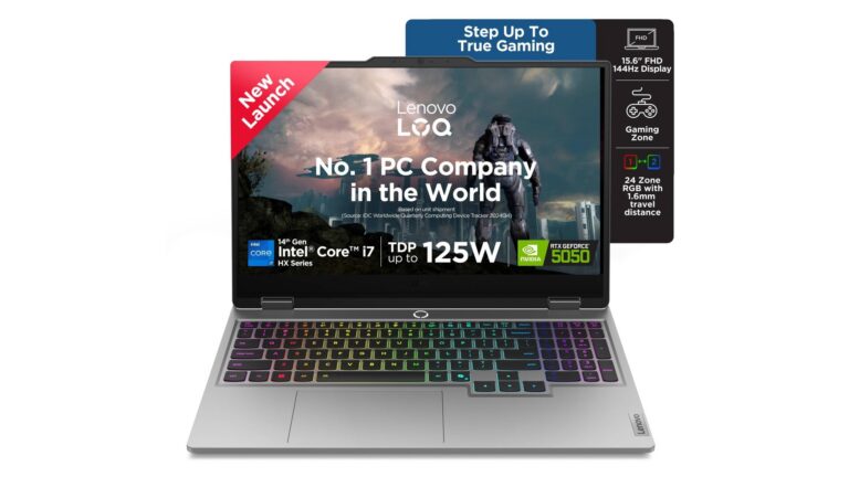 Lenovo LOQ 15IRX10 83JE01KLIN gaming laptop in Luna Grey with 15.6-inch FHD 144Hz display, Intel Core i7-14700HX processor, RTX 5050 8GB graphics, 16GB DDR5 RAM, 512GB SSD – available on Amazon India at Rs 1,71,990