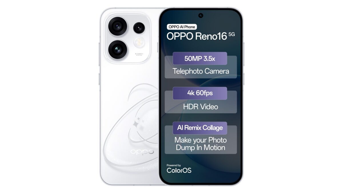 OPPO Reno16 5G CPH2865 smartphone in Starry White showing triple 50MP camera system and 6.32-inch Crystal Guard AMOLED display — pre-order on Amazon India at Rs 61,999