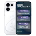 OPPO Reno16 5G CPH2865 smartphone in Starry White showing triple 50MP camera system and 6.32-inch Crystal Guard AMOLED display — pre-order on Amazon India at Rs 61,999