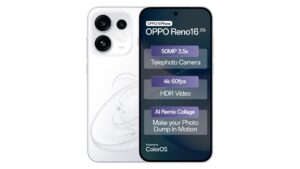 OPPO Reno16 5G CPH2865 smartphone in Starry White showing triple 50MP camera system and 6.32-inch Crystal Guard AMOLED display — pre-order on Amazon India at Rs 61,999