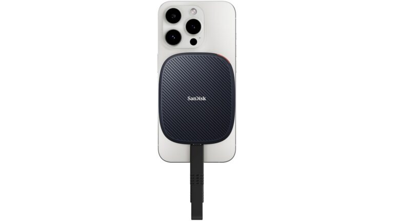SanDisk Creator Phone SSD in Black, MagSafe-compatible external SSD attached to a USB-C smartphone, up to 1000 MB/s read speed, 1TB and 2TB capacities – available on Amazon India at Rs 17,999 and Rs 26,999