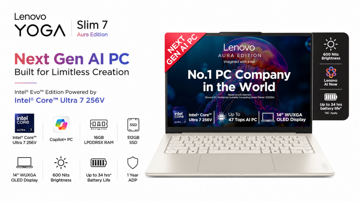 Lenovo Yoga Slim 7 Aura Edition 14ILL10 83JX00H2IN laptop in Seashell with 14-inch WUXGA OLED display, Intel Core Ultra 7 256V processor, 16GB RAM, 512GB SSD, available on Amazon India at Rs 1,53,990