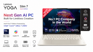 Lenovo Yoga Slim 7 Aura Edition 14ILL10 83JX00H2IN laptop in Seashell with 14-inch WUXGA OLED display, Intel Core Ultra 7 256V processor, 16GB RAM, 512GB SSD, available on Amazon India at Rs 1,53,990