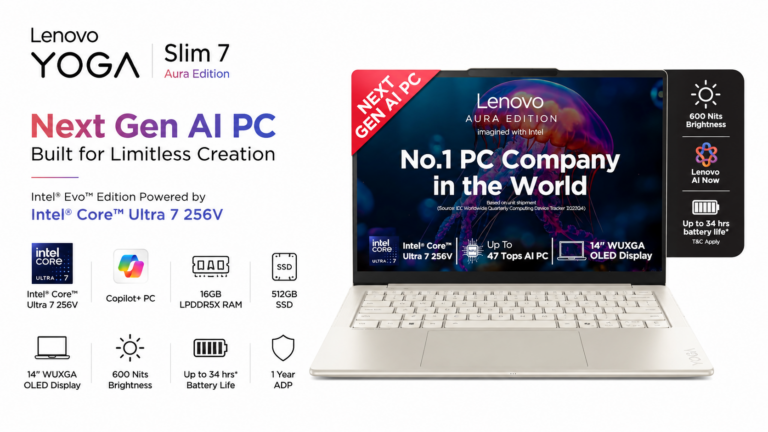 Lenovo Yoga Slim 7 Aura Edition 14ILL10 83JX00H2IN laptop in Seashell with 14-inch WUXGA OLED display, Intel Core Ultra 7 256V processor, 16GB RAM, 512GB SSD, available on Amazon India at Rs 1,53,990