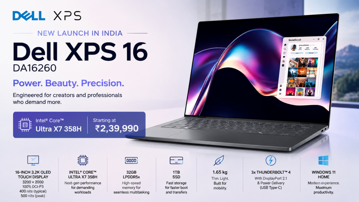 Dell XPS 16 DA16260 Laptop Launched in India [ Specs: Intel Core Ultra X7 358H / 32GB LPDDR5x / 1TB SSD / 16-inch 3.2K OLED Touch ]