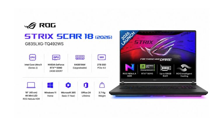 ASUS ROG Strix Scar 18 2026 G835LXG-TQ492WS gaming laptop in Off Black with 18-inch 4K Mini LED 240Hz display, Intel Core Ultra 9 290HX Plus, RTX 5090 24GB, 64GB RAM, 2TB SSD, Windows 11 - available on Amazon India at Rs 6,99,990