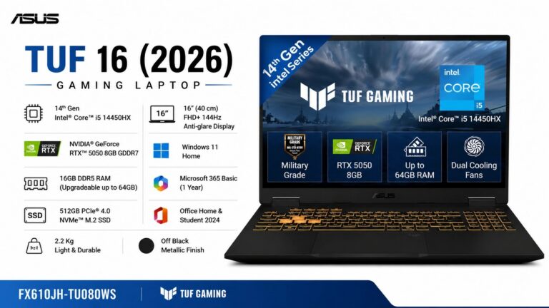 ASUS TUF 16 2026 FX610JH-TU080WS gaming laptop in Off Black with 16-inch FHD+ 144Hz display, Intel Core i5-14450HX, RTX 5050 8GB GDDR7, 16GB DDR5, 512GB SSD - available on Amazon India at Rs 1,79,990