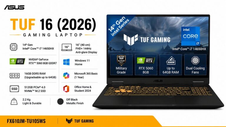 ASUS TUF 16 2026 FX610JM-TU105WS gaming laptop in Off Black with 16-inch FHD+ 144Hz display, Intel Core i7-14650HX, RTX 5060 8GB GDDR7, 16GB DDR5, 512GB SSD - available on Amazon India at Rs 2,19,990