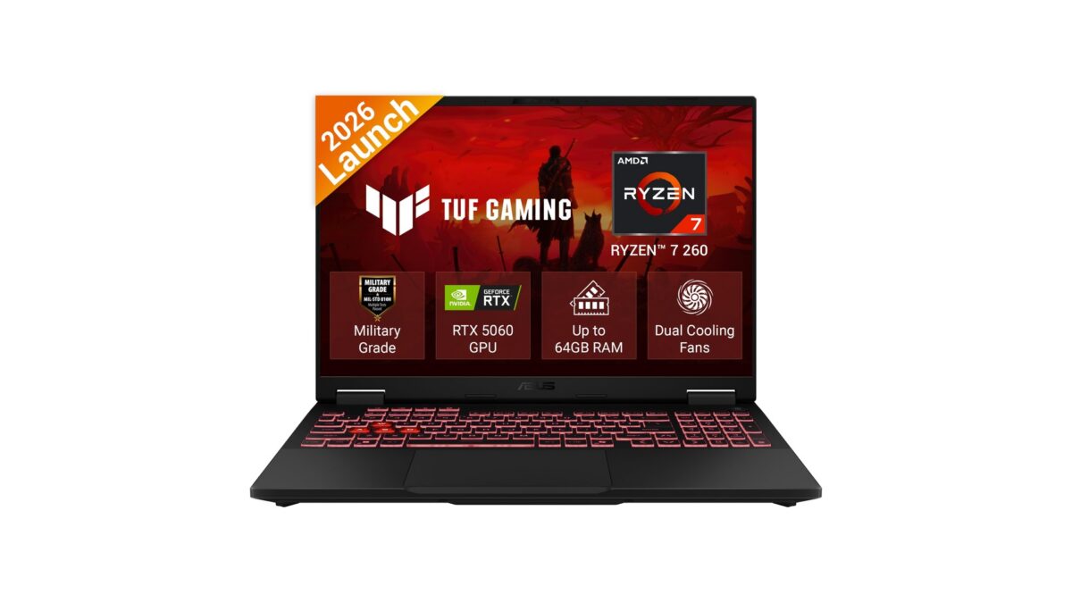 ASUS TUF A16 (2026) FA608UMI-TU288WS gaming laptop in Jaeger Gray with 16-inch FHD+ 144Hz display, AMD Ryzen 7 260 processor, RTX 5060 8GB GDDR7 graphics, 16GB RAM, 512GB SSD - available on Amazon India at Rs 1,99,990