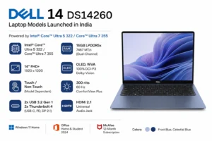 Dell 14 DS14260 AI laptop in Frost Blue and Celestial Blue with 14-inch FHD+ OLED display, Intel Core Ultra 5 and Core Ultra 7 processor options, 16GB RAM, 512GB SSD