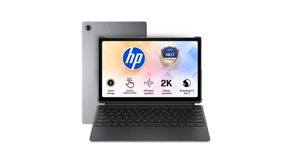HP OmniPad 12 DN1W1PA tablet in Meteor Silver with detachable keyboard, 12-inch 2K 90Hz touchscreen, Snapdragon SM6475Q processor, 8GB RAM, 128GB UFS storage - available on Amazon India at Rs 48,990