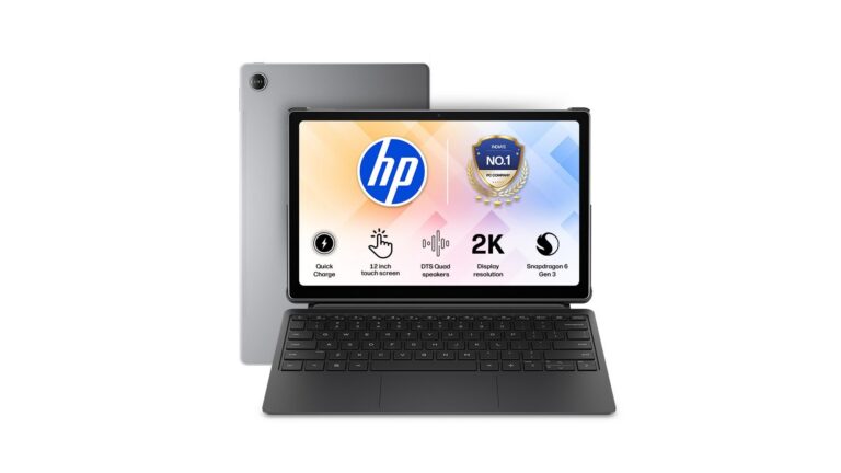 HP OmniPad 12 DN1W1PA tablet in Meteor Silver with detachable keyboard, 12-inch 2K 90Hz touchscreen, Snapdragon SM6475Q processor, 8GB RAM, 128GB UFS storage - available on Amazon India at Rs 48,990