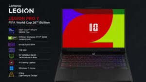 Lenovo Legion Pro 7 16IAX10H FIFA World Cup 26 Edition 83F500Q6IN gaming laptop in Eclipse Black with 16-inch WQXGA OLED 240Hz display, Intel Core Ultra 9 290HX Plus, RTX 5090 24GB graphics, 64GB DDR5 RAM, 1TB SSD, available on Amazon India at Rs 6,13,490