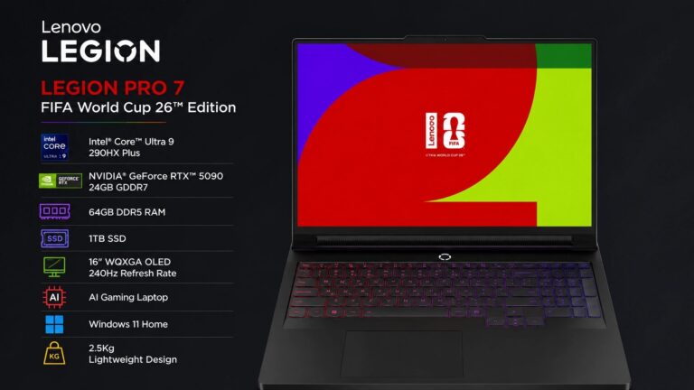 Lenovo Legion Pro 7 16IAX10H FIFA World Cup 26 Edition 83F500Q6IN gaming laptop in Eclipse Black with 16-inch WQXGA OLED 240Hz display, Intel Core Ultra 9 290HX Plus, RTX 5090 24GB graphics, 64GB DDR5 RAM, 1TB SSD, available on Amazon India at Rs 6,13,490