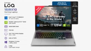 Lenovo LOQ 15IRX10 83JE01G5IN gaming laptop in Luna Grey with 15.6-inch 144Hz FHD display, Intel Core i7-13645HX processor, RTX 5050 8GB graphics, 16GB DDR5 RAM, 1TB SSD, available on Amazon India at Rs 1,76,990