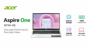 Acer Aspire One A114-45 laptop with Intel Celeron N4500, 12GB RAM, 256GB SSD, and 14-inch HD+ display.