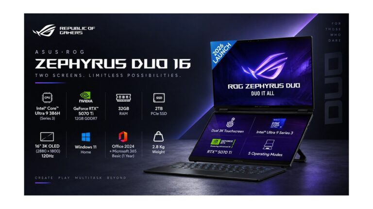 ASUS ROG Zephyrus Duo 16 GX651AR-SR074WS dual-screen gaming laptop in Stellar Grey with two 3K OLED touchscreens and 16-inch 120Hz main display, Intel Core Ultra 9 386H, RTX 5070 Ti 12GB, 32GB LPDDR5X, 2TB SSD, available on Amazon India at Rs 5,79,990