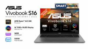 ASUS Vivobook S16 M3607KA-SH149WS (2026) laptop with AMD Ryzen AI 5 330 processor, 16-inch FHD+ OLED display, 16GB DDR5 RAM and 512GB PCIe 4.0 SSD.