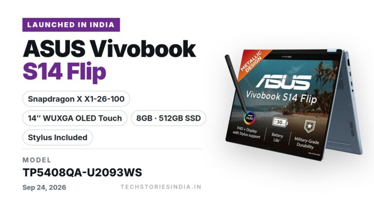 ASUS Vivobook S14 Flip (2026) TP5408QA-U2093WS 2-in-1 laptop in Light Blue with 14-inch WUXGA OLED touchscreen, Snapdragon X and stylus