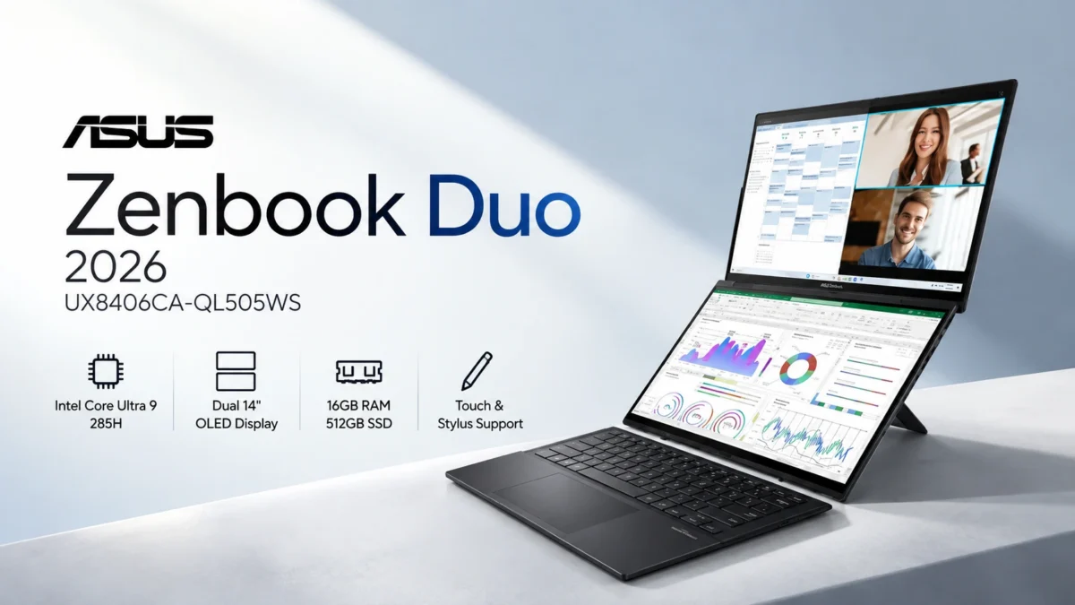 ASUS Zenbook Duo 2026 UX8406CA-QL505WS dual-screen laptop with dual 14-inch OLED displays, Intel Core Ultra 9 285H, 16GB RAM and 512GB SSD.