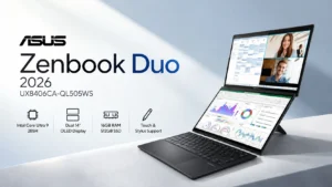 ASUS Zenbook Duo 2026 UX8406CA-QL505WS dual-screen laptop with dual 14-inch OLED displays, Intel Core Ultra 9 285H, 16GB RAM and 512GB SSD.