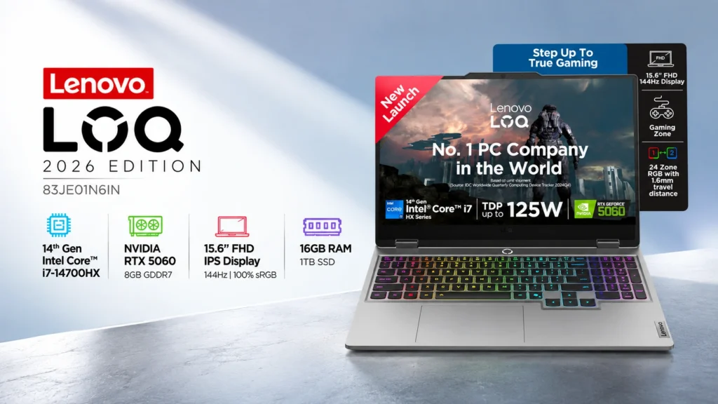 Amazon India launch - Lenovo LOQ 2026 83JE01N6IN gaming laptop with Intel Core i7-14700HX, NVIDIA RTX 5060 8GB, 15.6-inch FHD 144Hz display, 16GB RAM and 1TB SSD.